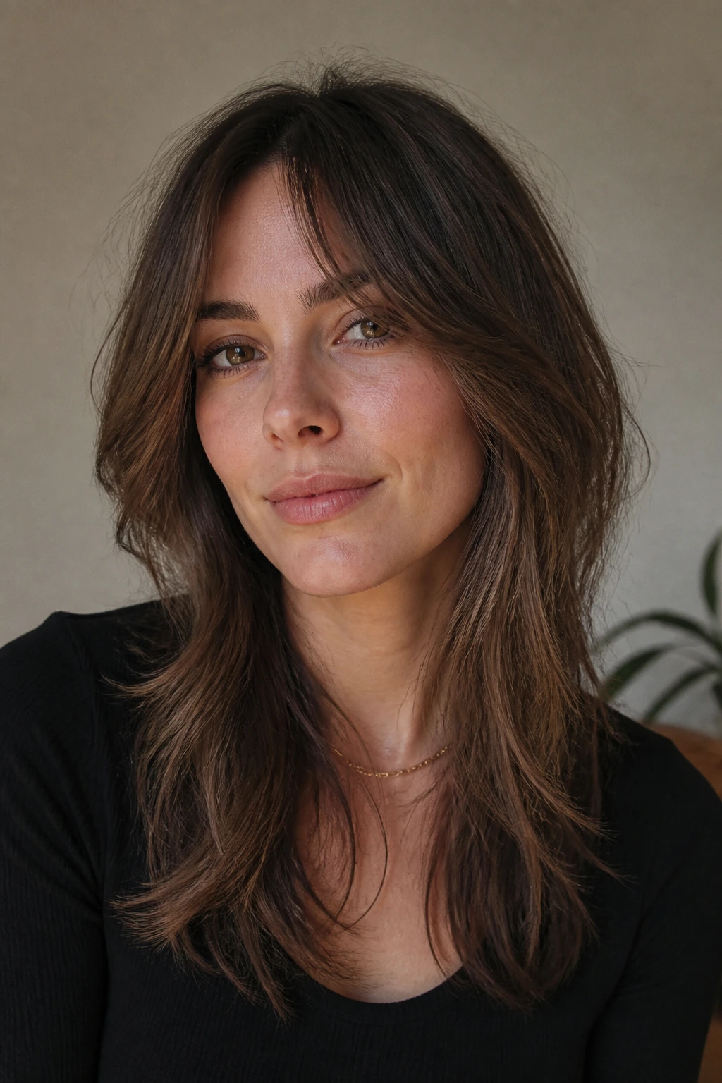 Close-up of a woman with a round-face flattering shag hairstyle