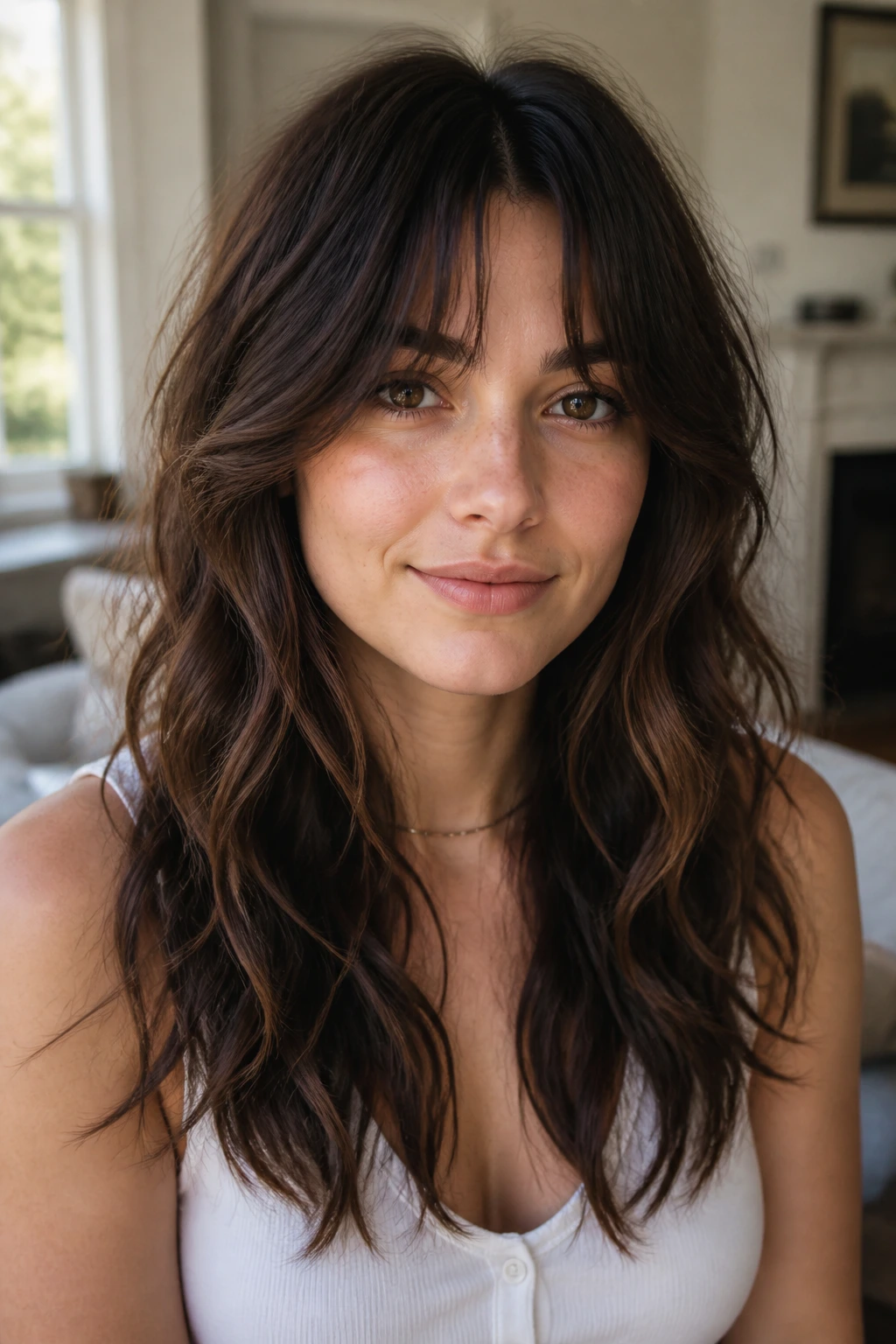 Close-up of a real person with a round-face shag and longer fringe