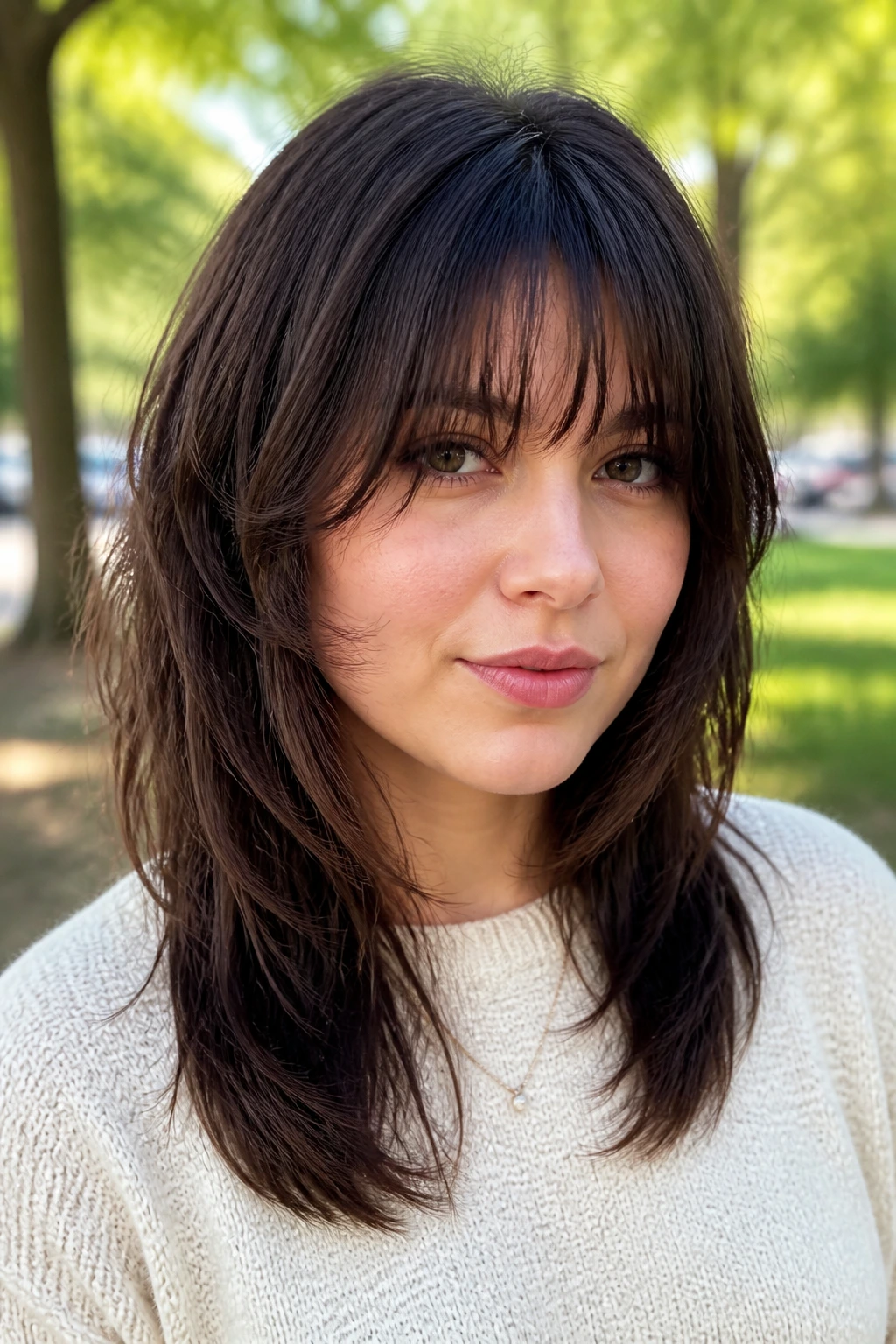 Close-up portrait of a real woman with round-face balancing shag showing below-cheekbone layers