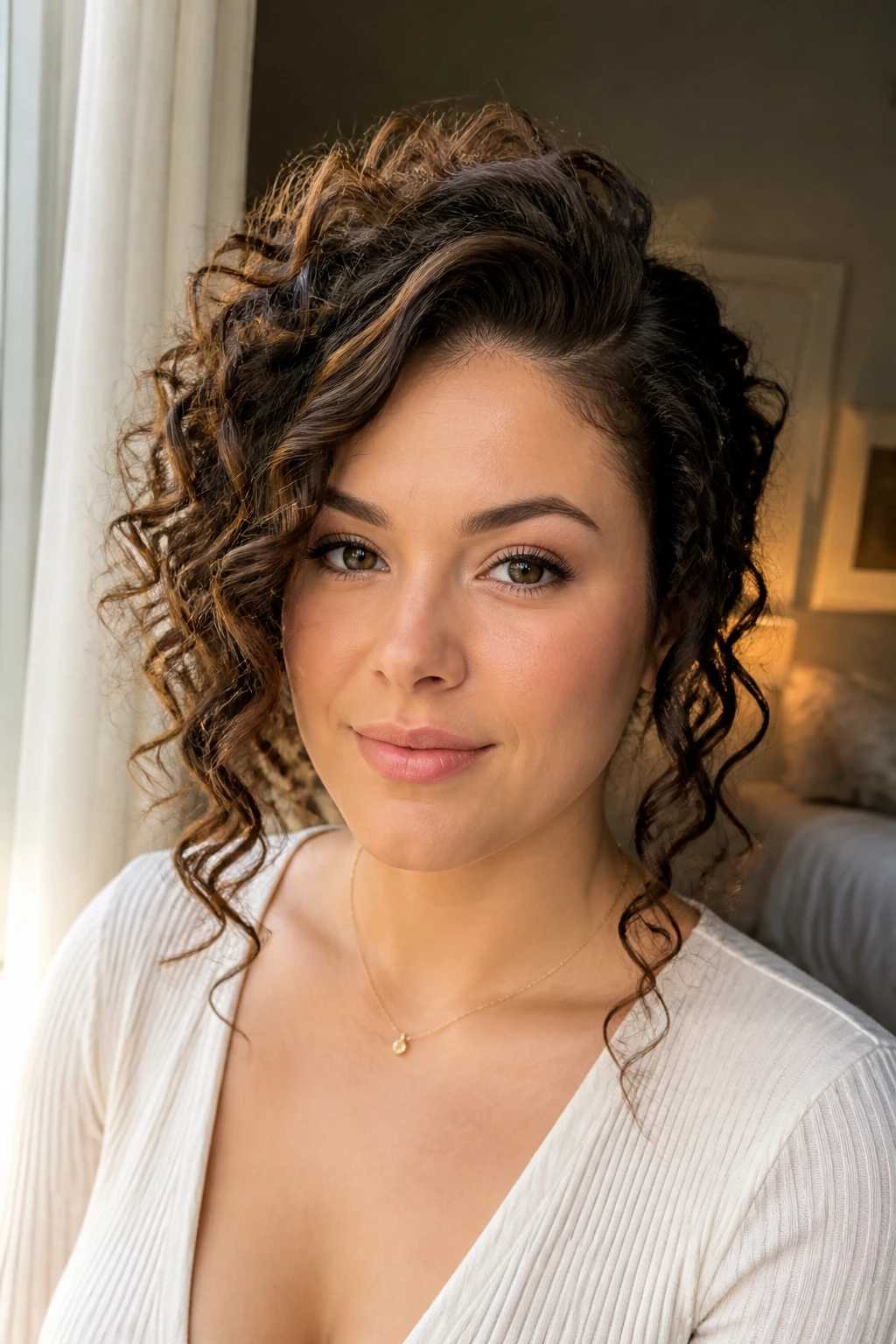 Close-up portrait of a real woman with a side part and crown lift to elongate a round face