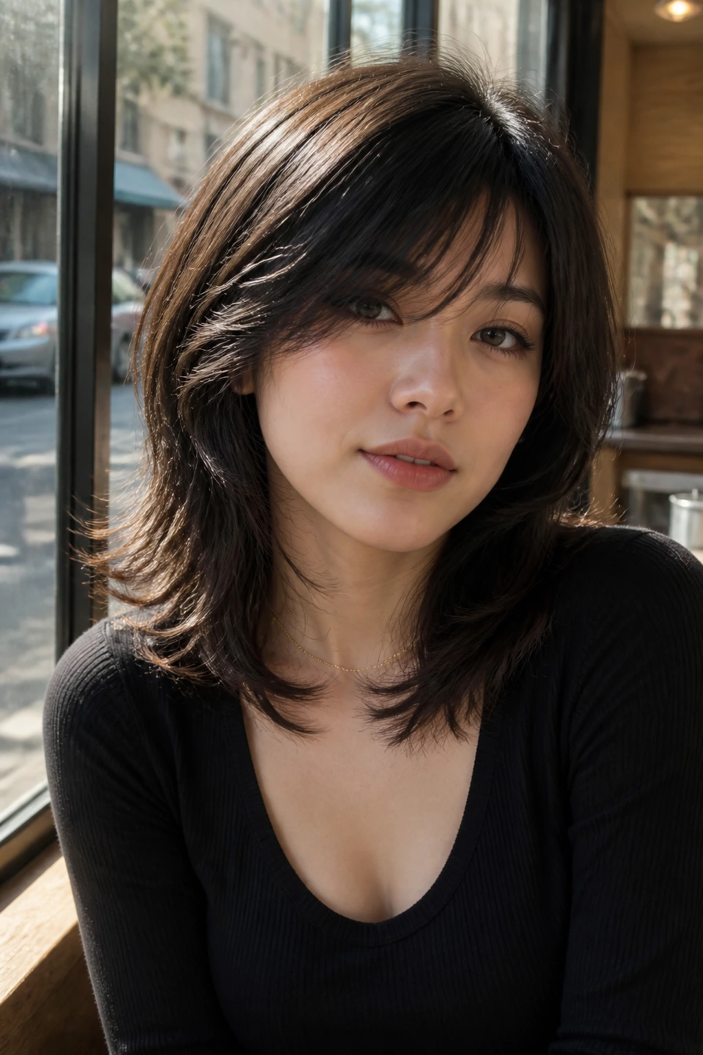 Close-up of round-face wolf cut with sweeping bangs under cafe window light