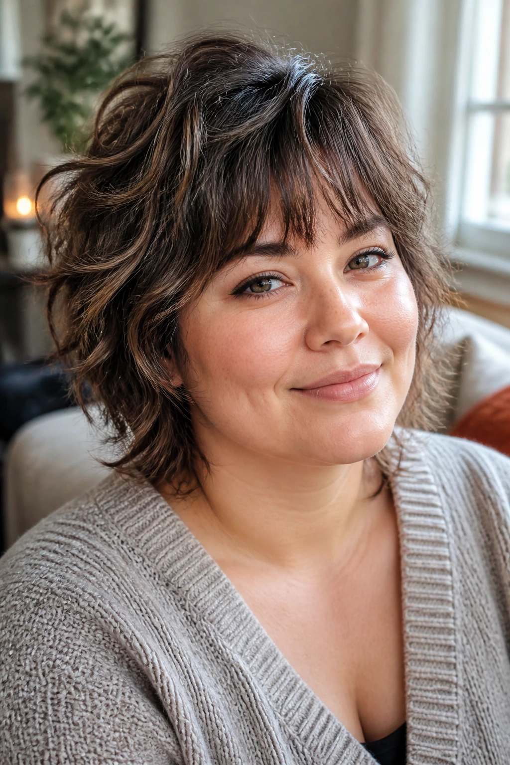 Close-up of a round-faced woman with a short wavy shag haircut and soft bangs
