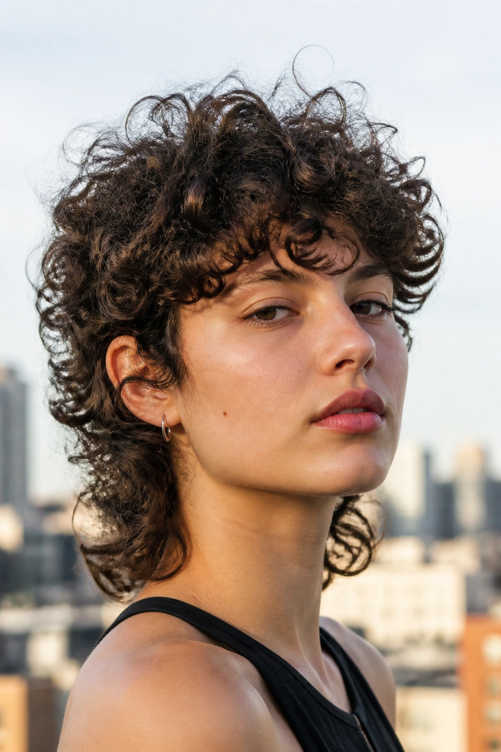 Close-up of a real person with round halo curls around the head