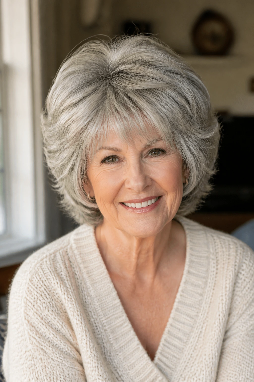 Close-up of an older woman with a full-bodied round shag hairstyle, crown lift and facial framing.