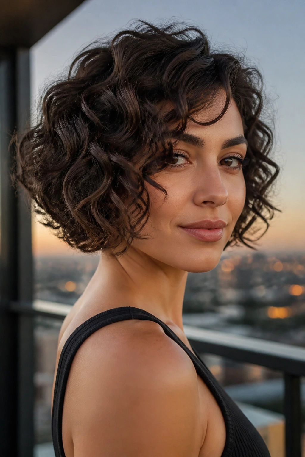 Close-up of a real woman with rounded A-line bob hairstyle
