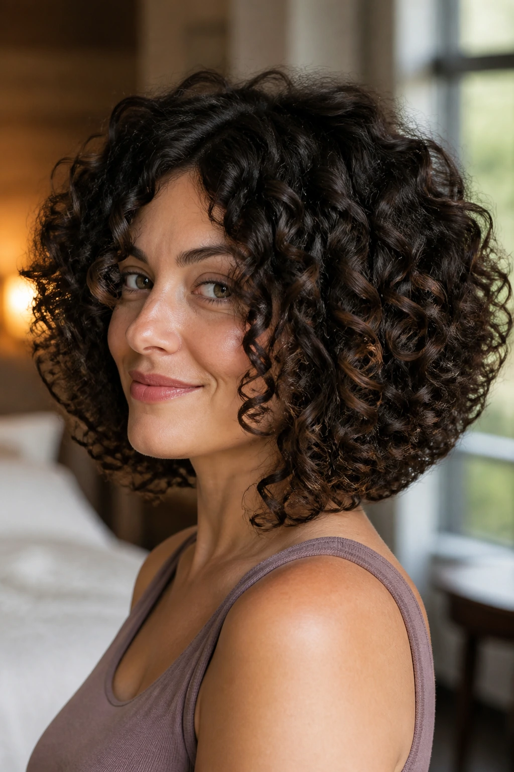 Real person wearing Rounded A-Line Curly Cut with a Wide Shape