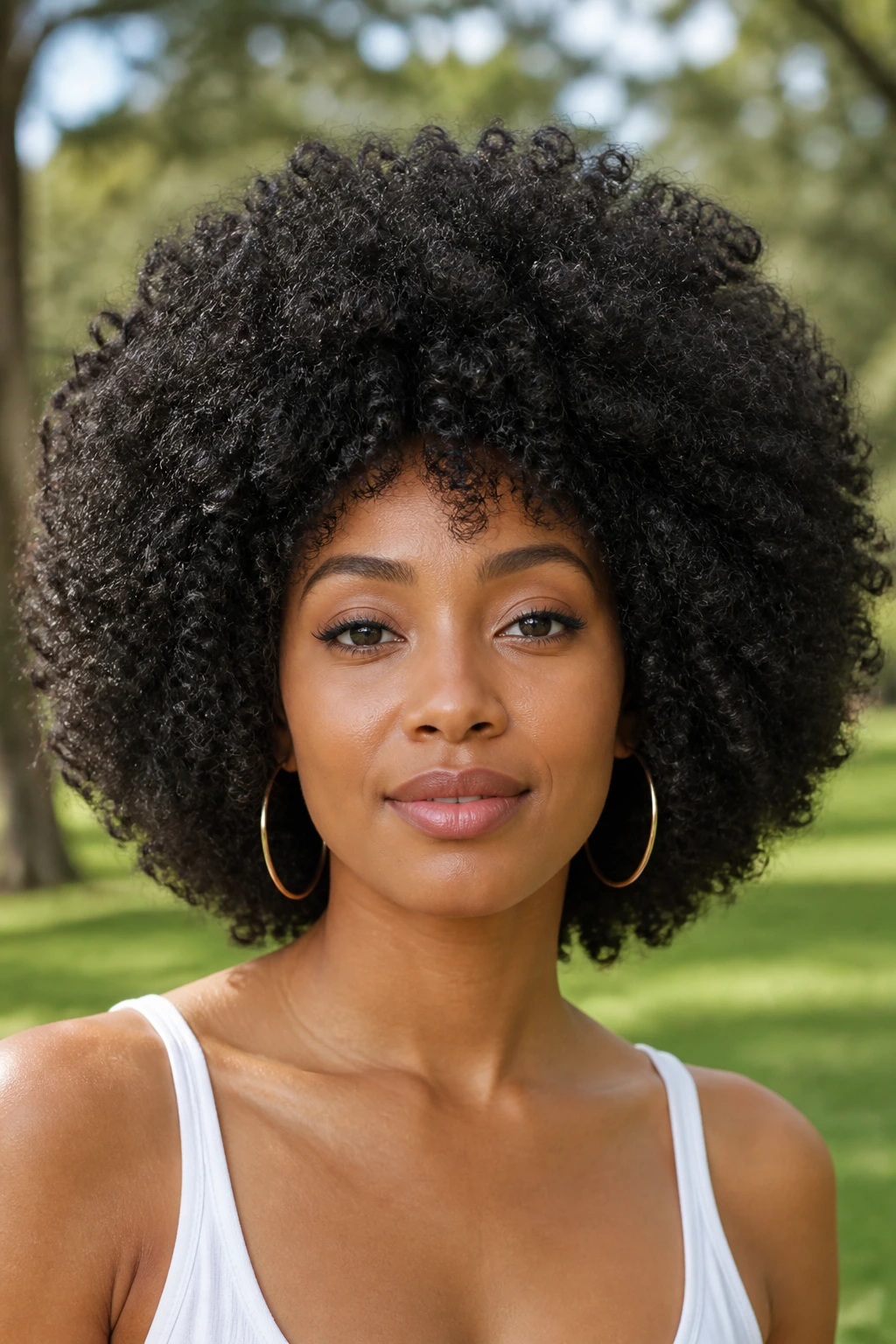 Real woman with a rounded Afro shape showing a full halo around the head.