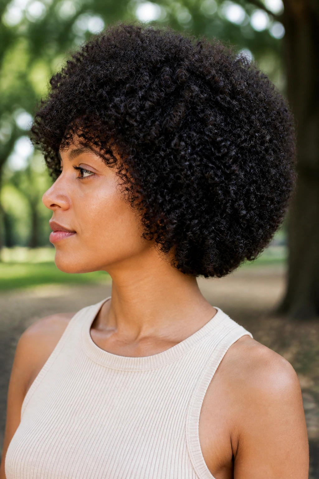 Close-up of a real person with a rounded Afro bob and soft halo, daytime park setting.