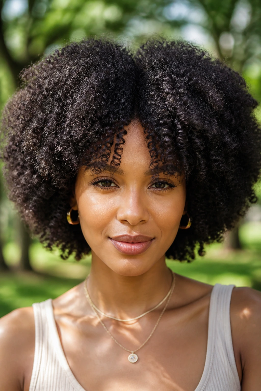 Close-up of a person with rounded Afro and bottleneck bangs in a sunlit park