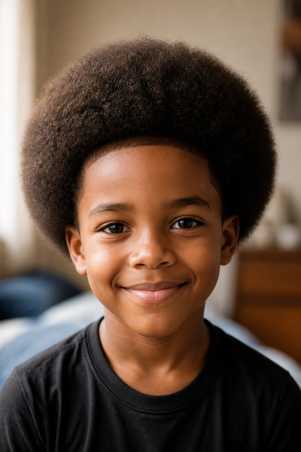 Close-up of a child with a rounded Afro hairstyle and balanced volume under natural light.