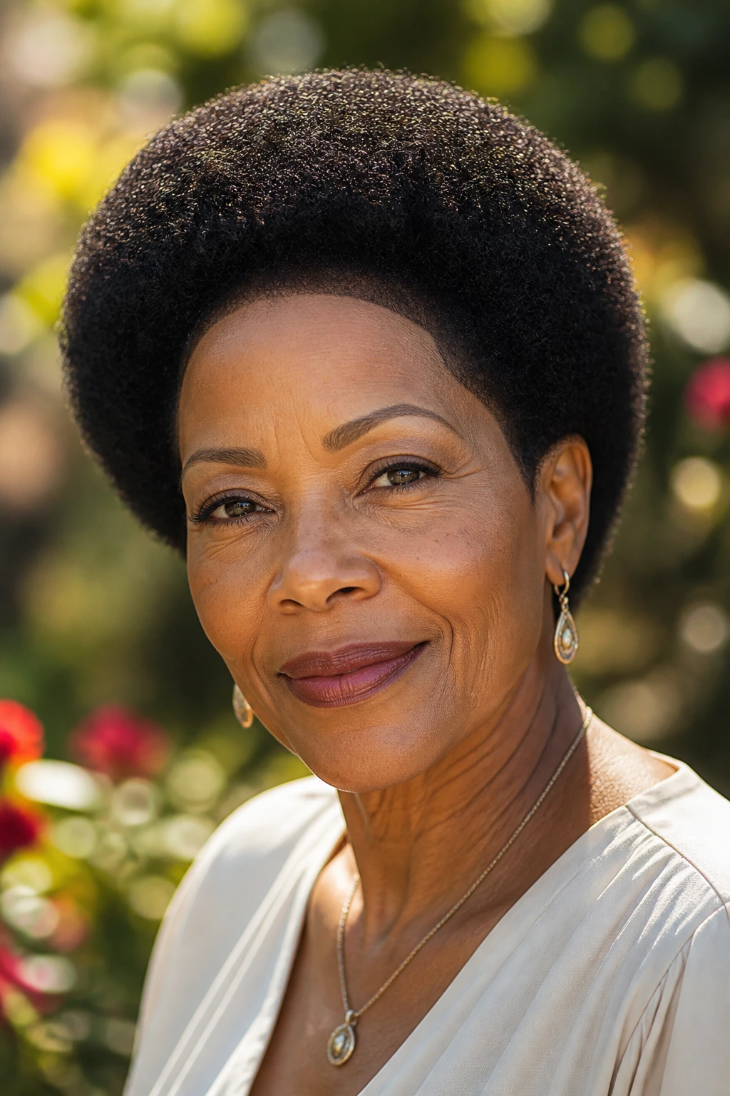 Portrait of a woman with rounded Afro and clean edges in outdoor garden