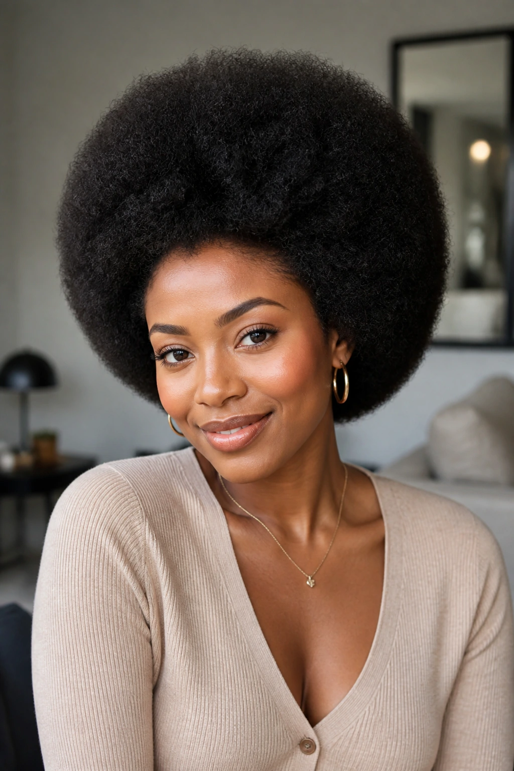 Close-up of a real Black woman with a rounded afro and clean silhouette.
