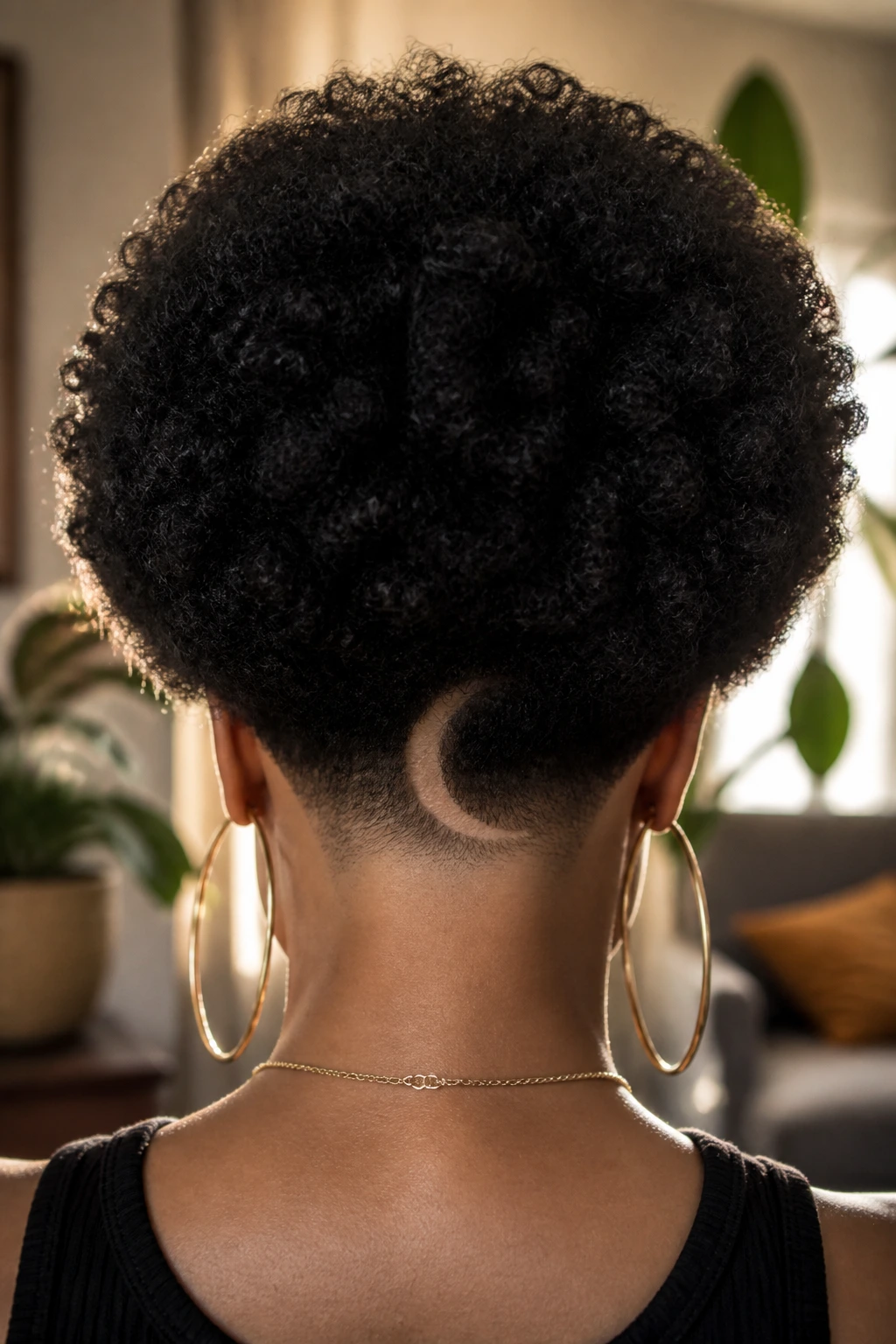 Close-up portrait of rounded afro with crescent moon nape design