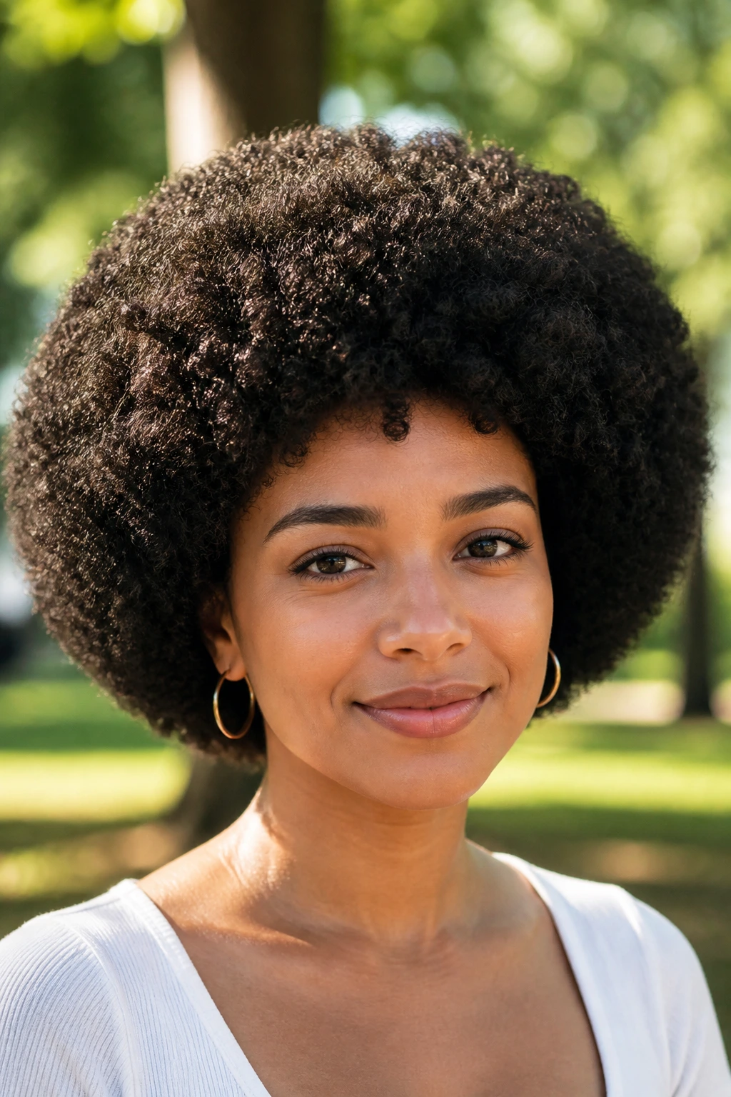 Close-up of a woman with rounded afro and crisp outline outdoors