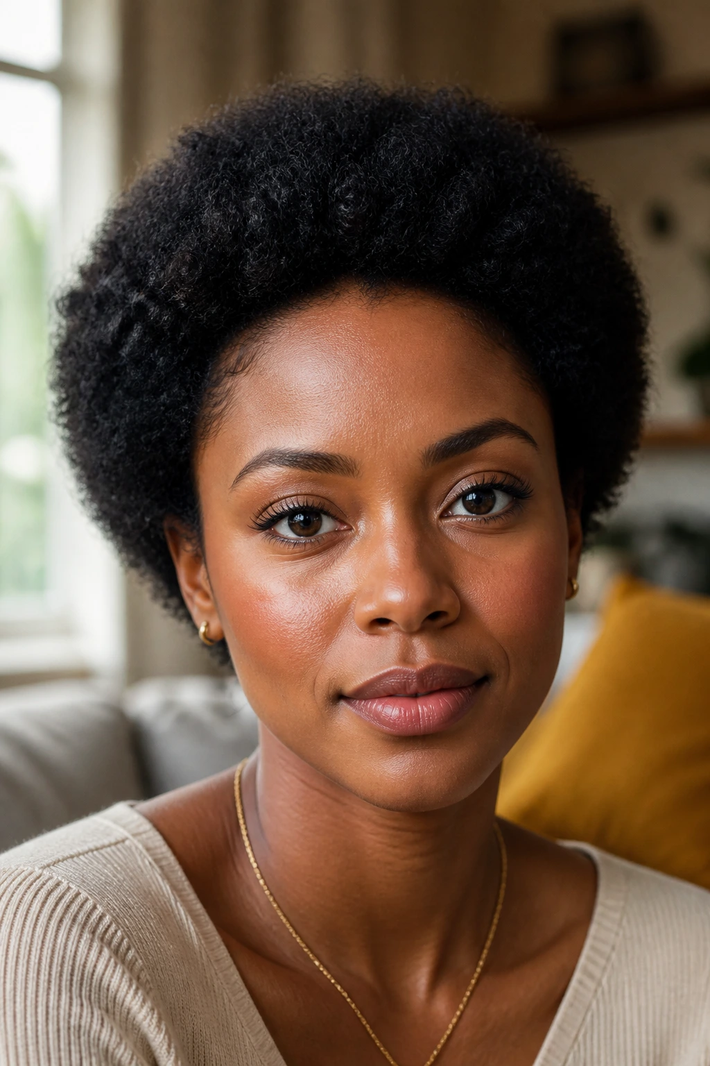 Close-up of a real woman with a rounded afro crop in warm living room light