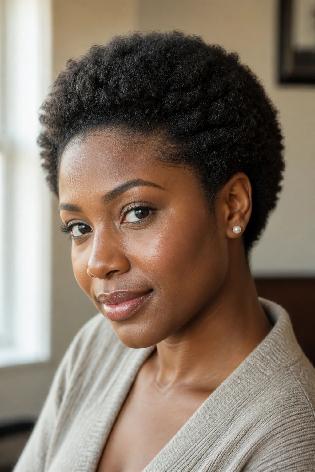 Close-up of a woman with a rounded Afro crop under soft daylight
