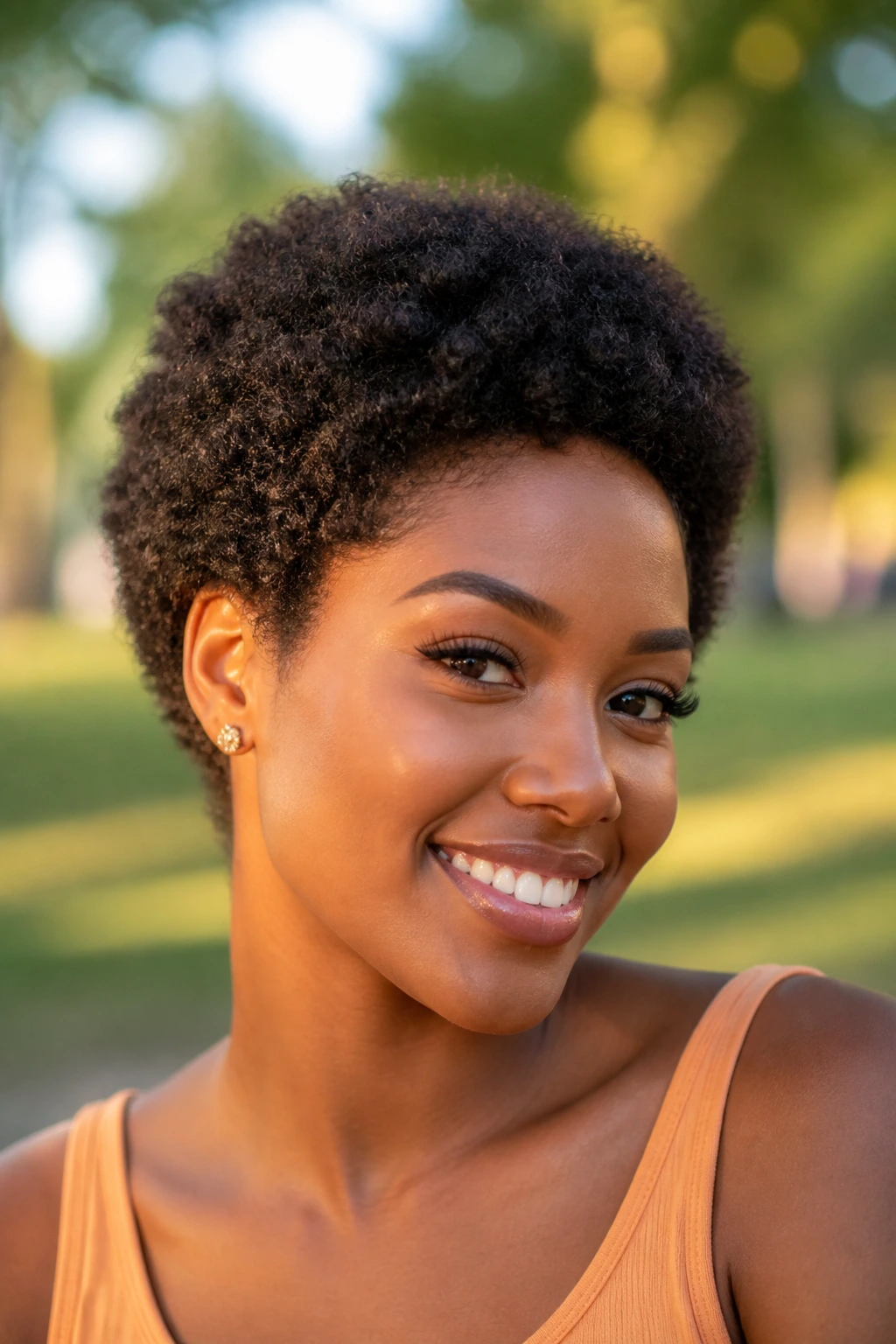 Portrait of a person with a rounded Afro crop and soft edges in golden hour light.
