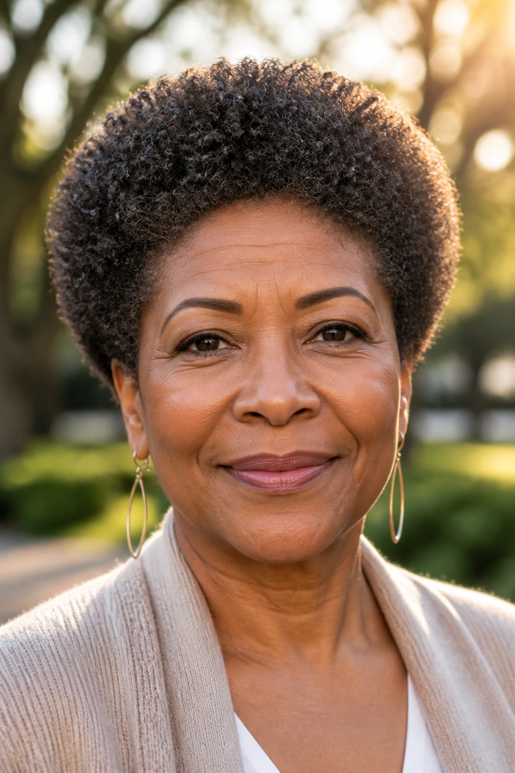 Front portrait of a woman with rounded Afro crop and soft outline in golden hour light