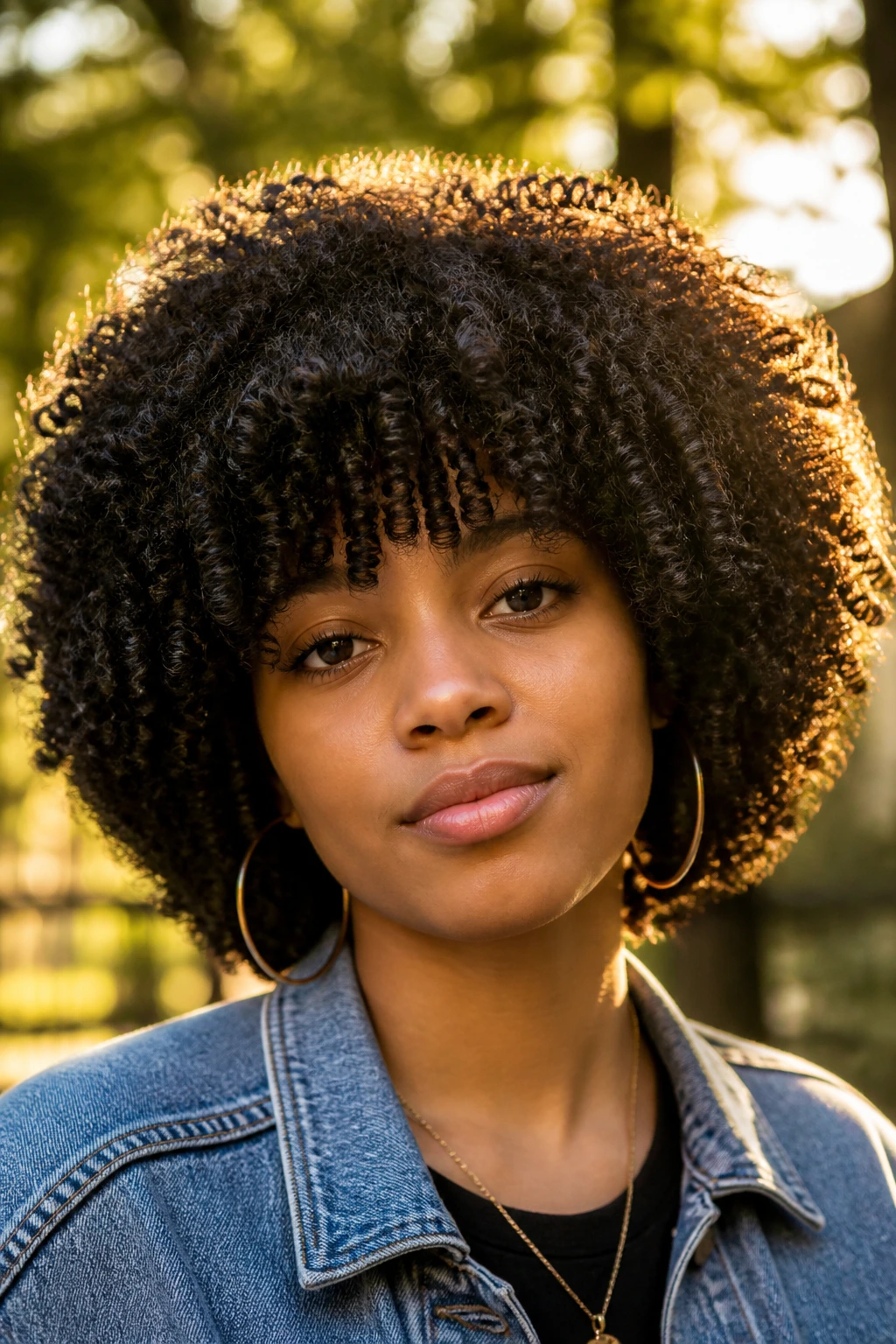 Close-up of a real person with rounded afro and full curly bangs.