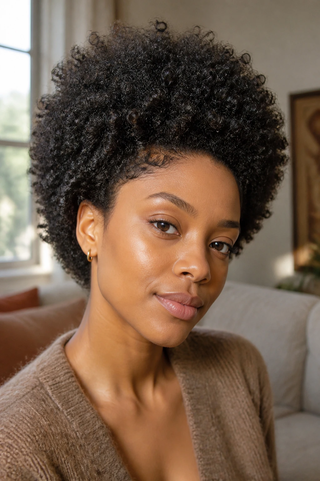 Close-up of a real woman with a Rounded Afro With a Clean Edge in a sunlit living room