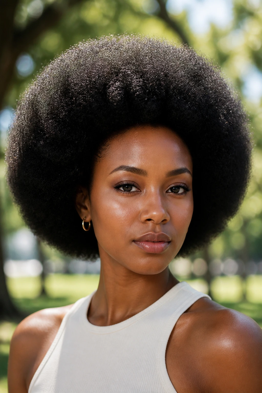 Close-up portrait of a Black woman with a fully fluffed rounded afro in natural light.