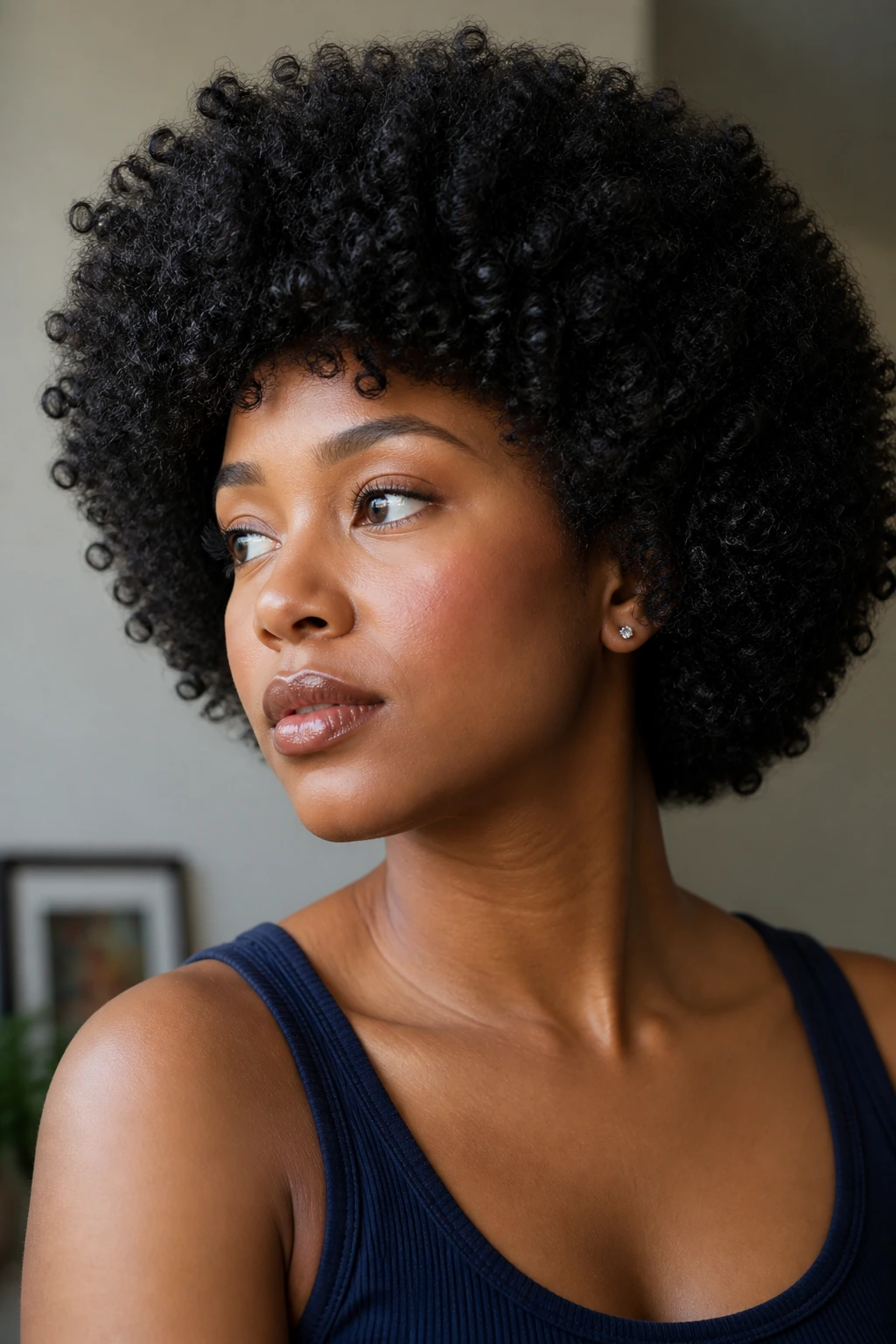 Close-up of a real Black woman with a rounded layered afro