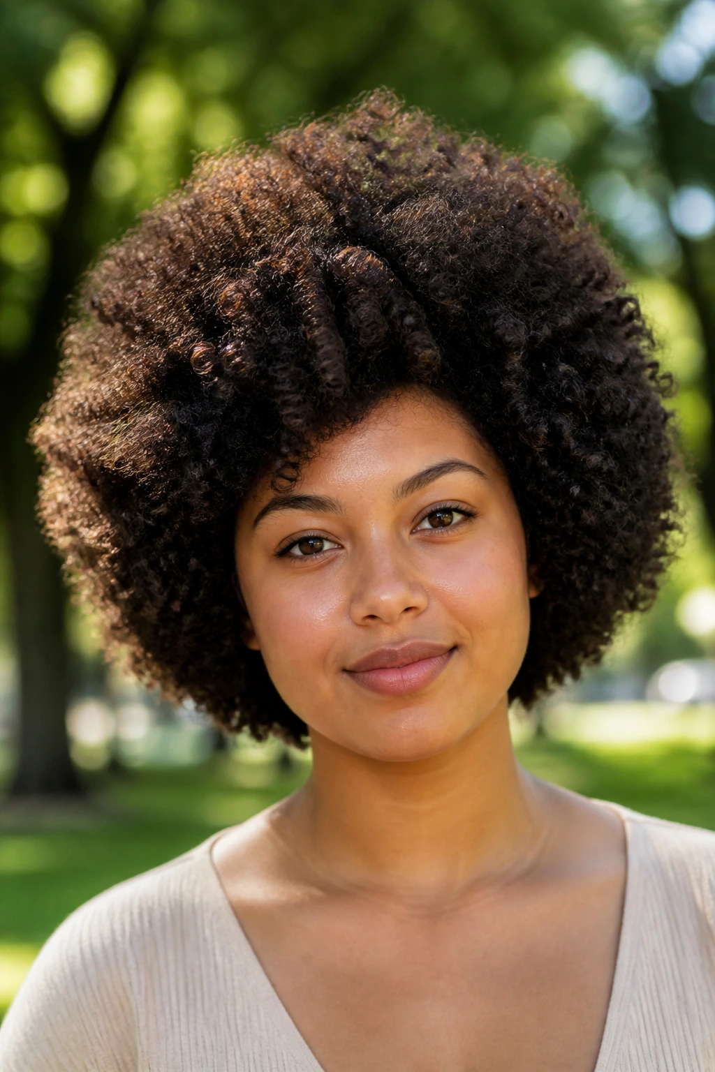 Portrait of a woman with a rounded afro in a sunlit park