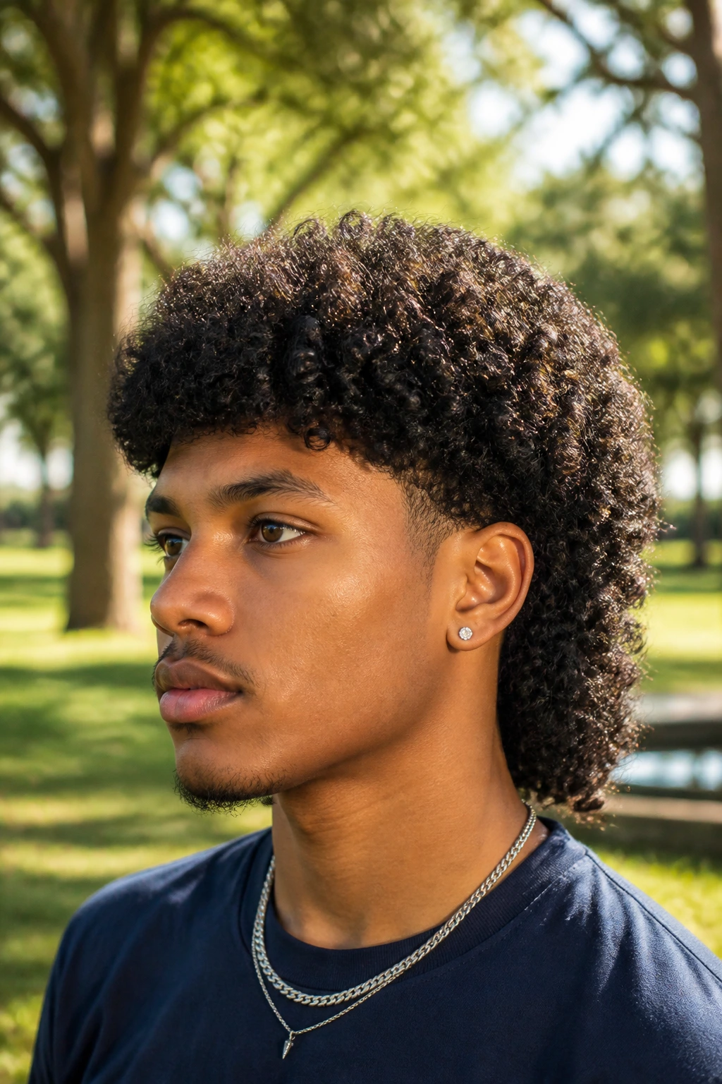 Real person with rounded Afro mullet outdoors in soft sun