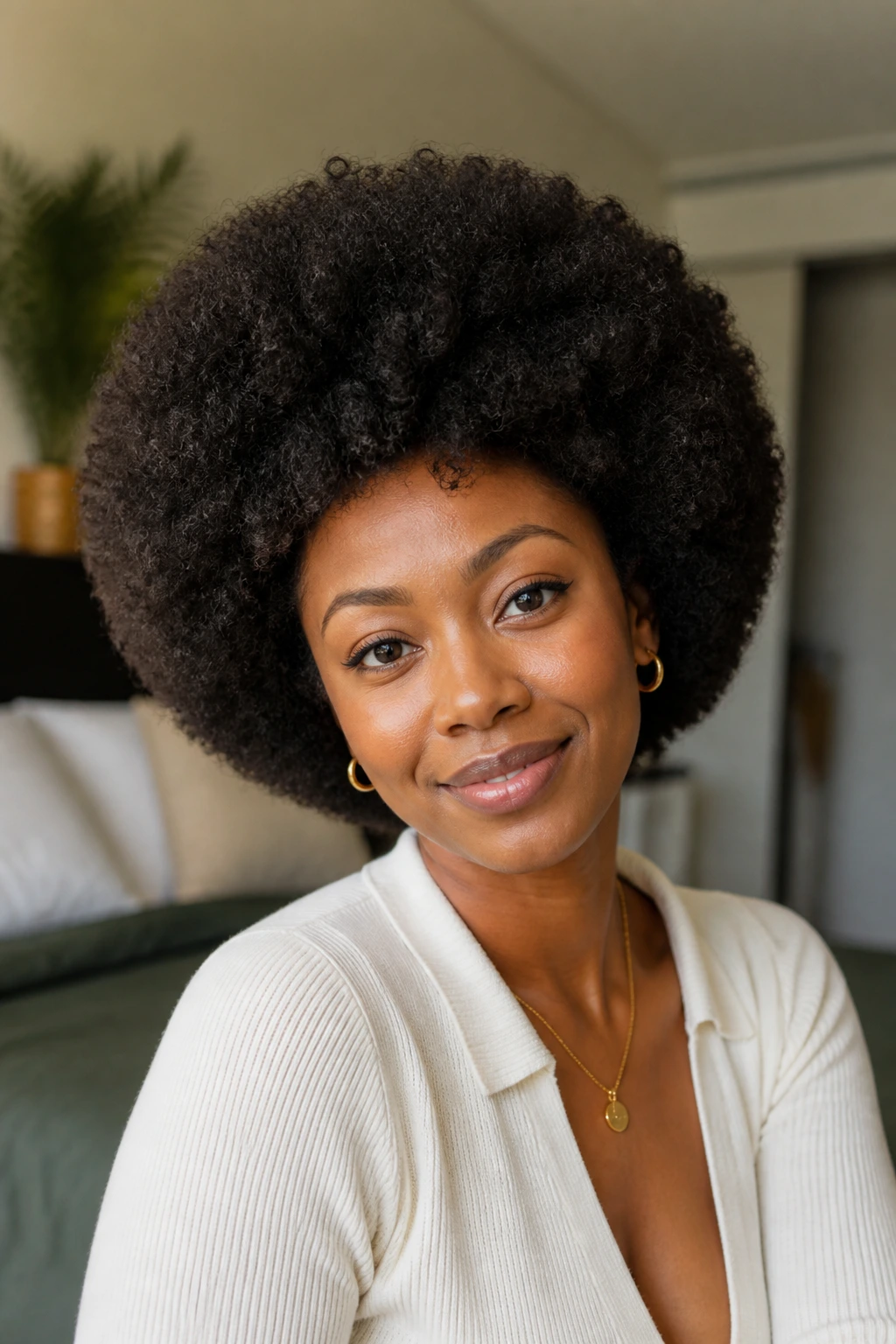 Real woman with rounded afro and picked volume