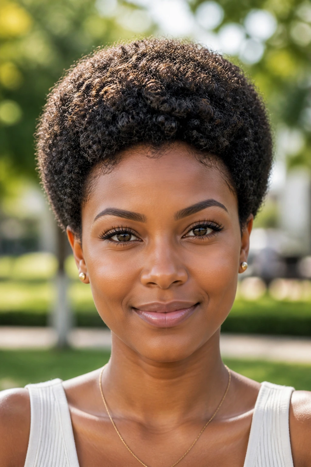 Close-up of a real woman with a rounded Afro pixie forming a compact sphere