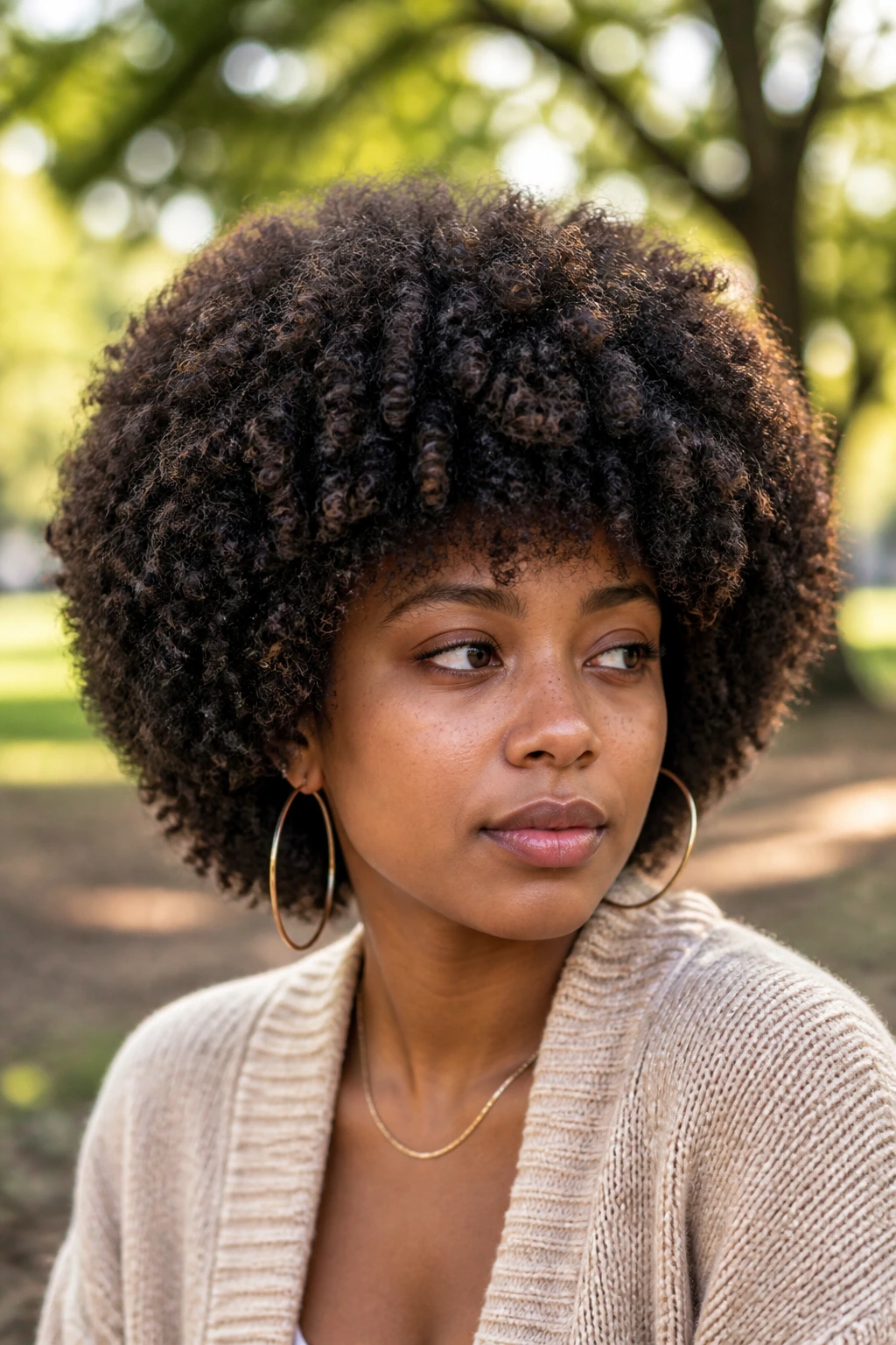 Real Black woman with rounded Afro shag and tapered ends outdoors