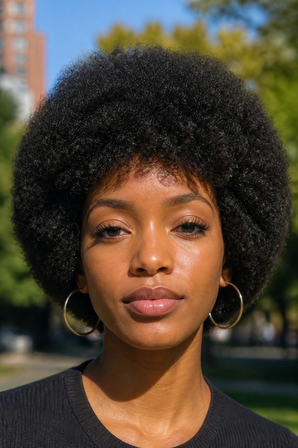 Front-facing portrait of a real person with a rounded afro silhouette outdoors
