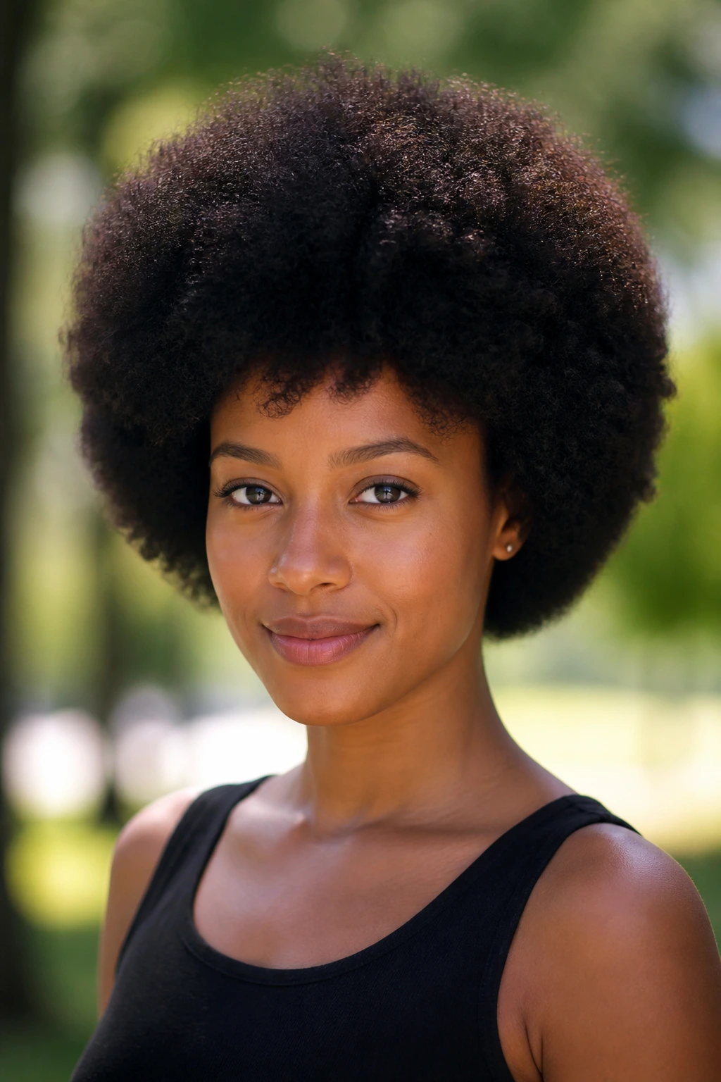 Close-up portrait of a real woman with a rounded Afro hairstyle in a sunlit park