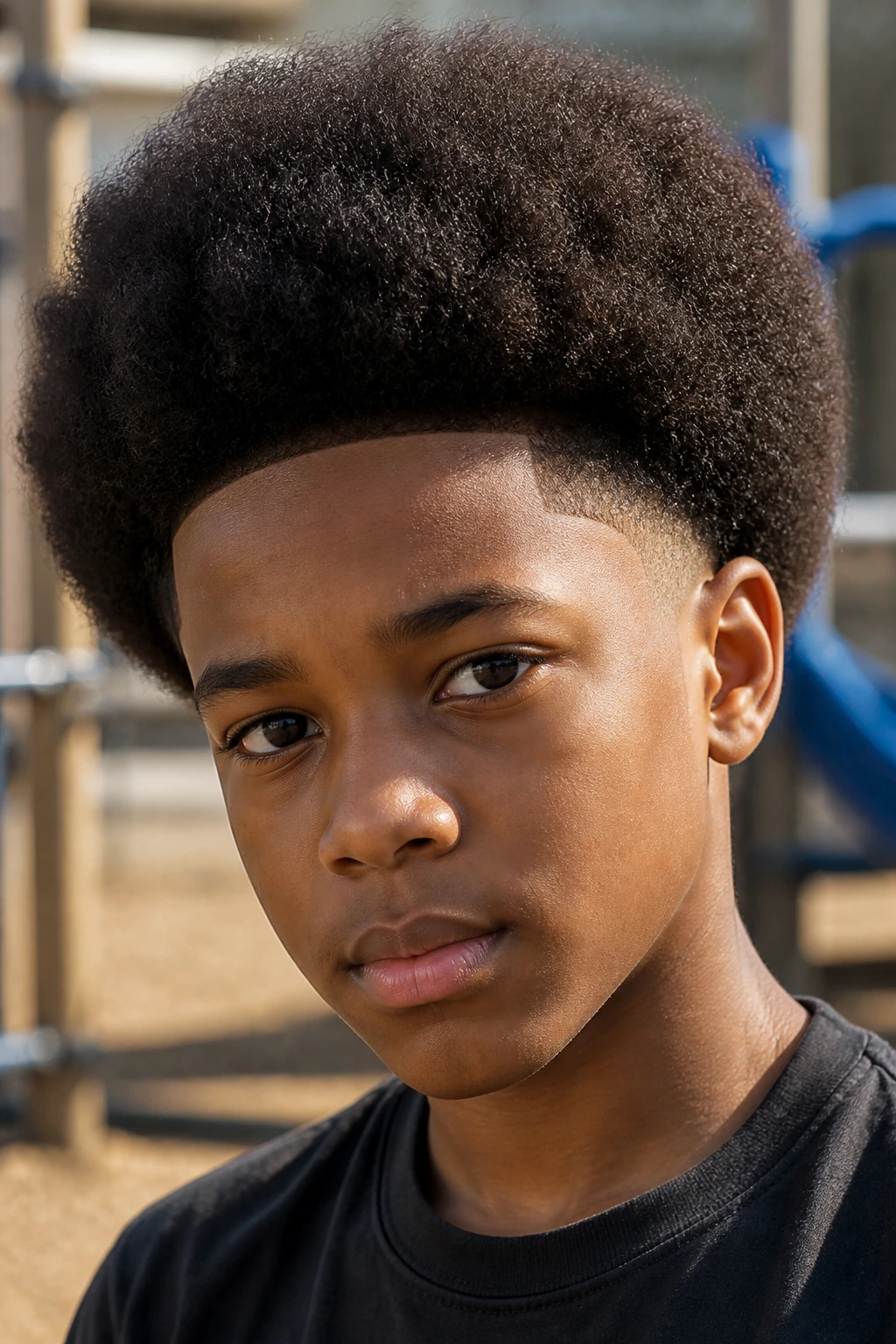 Real schoolboy with rounded afro and light shape-up outdoors