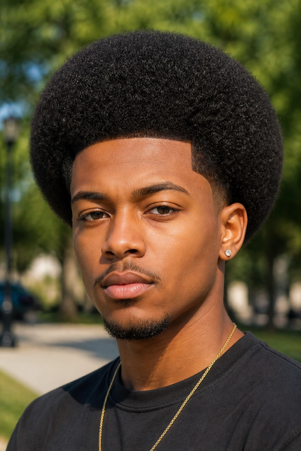 Real person with rounded Afro Shape-Up and crisp shape-up in an outdoor park.