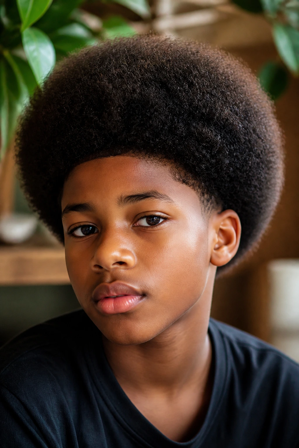 Close-up of a real boy with a rounded Afro with Soft Edges, soft curved silhouette