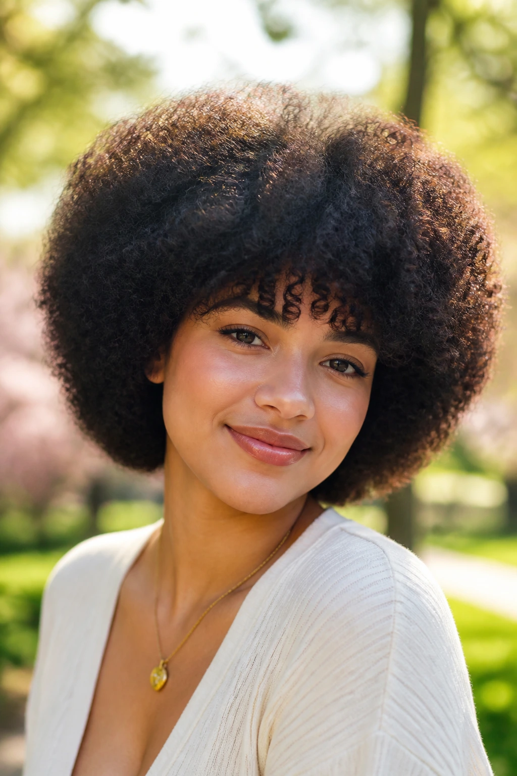 Close-up of a woman with rounded afro and soft fringe in outdoor park light.