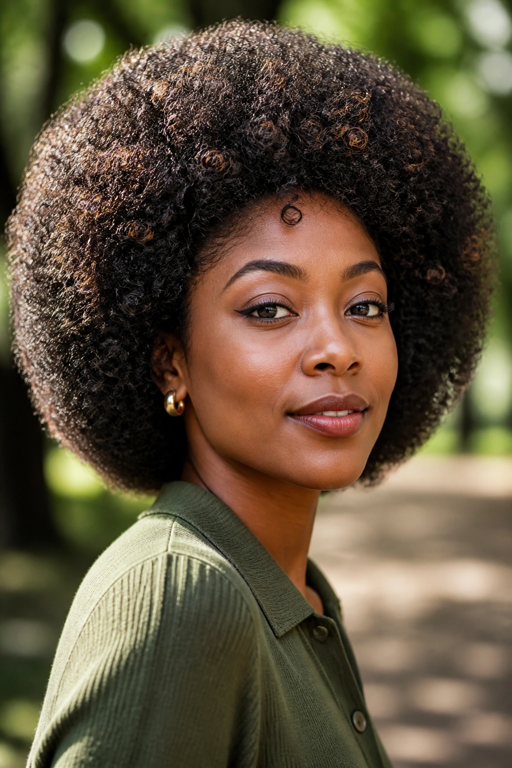 Portrait of a real woman with rounded Afro and soft perimeter