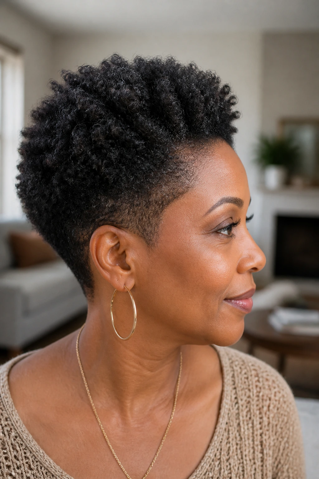 Close-up of a real woman with a rounded Afro taper on thinning curls, full crown and tapered sides, warm natural light.