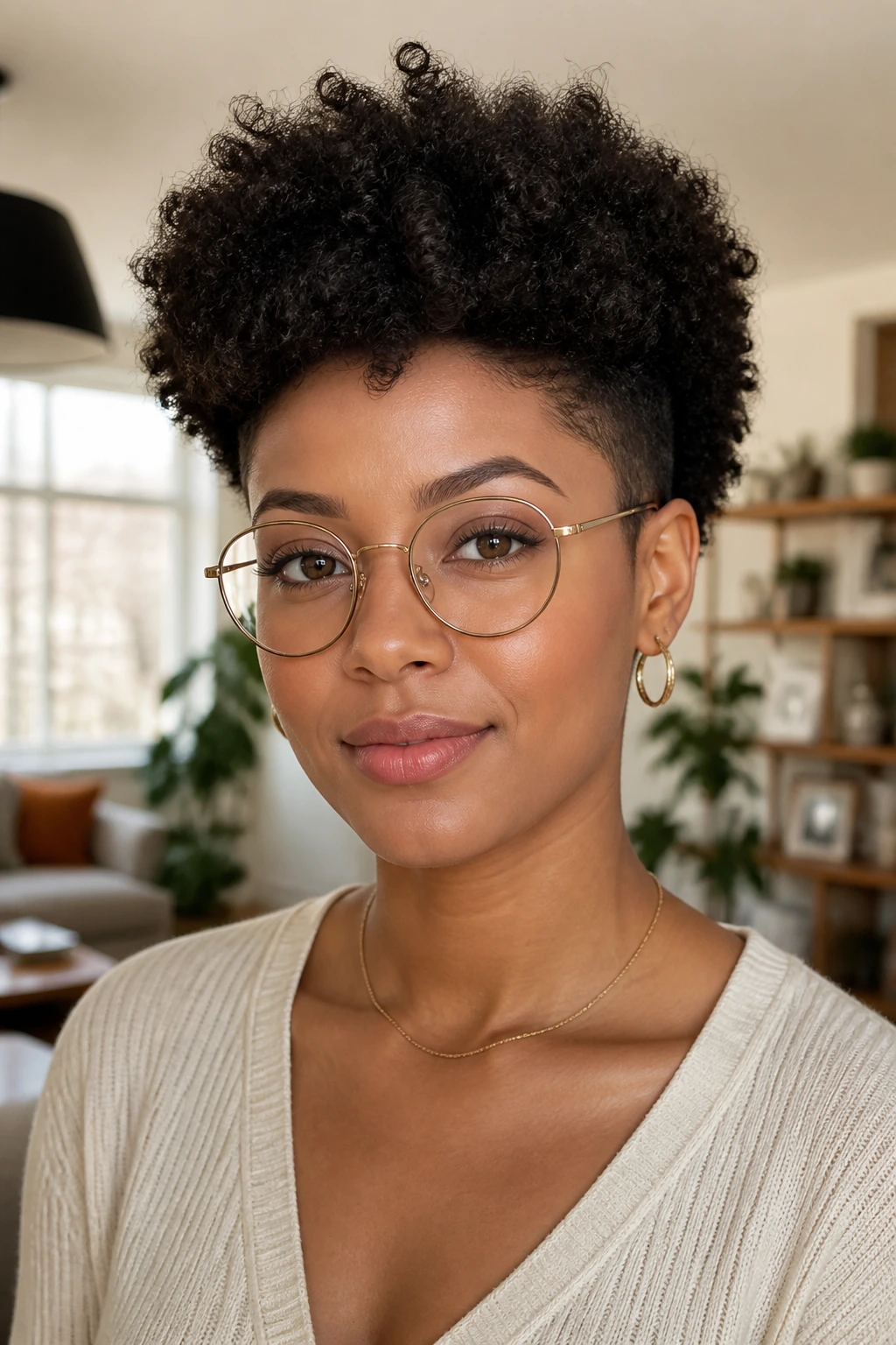 Portrait of a real woman with a rounded Afro and tapered sides wearing round glasses.