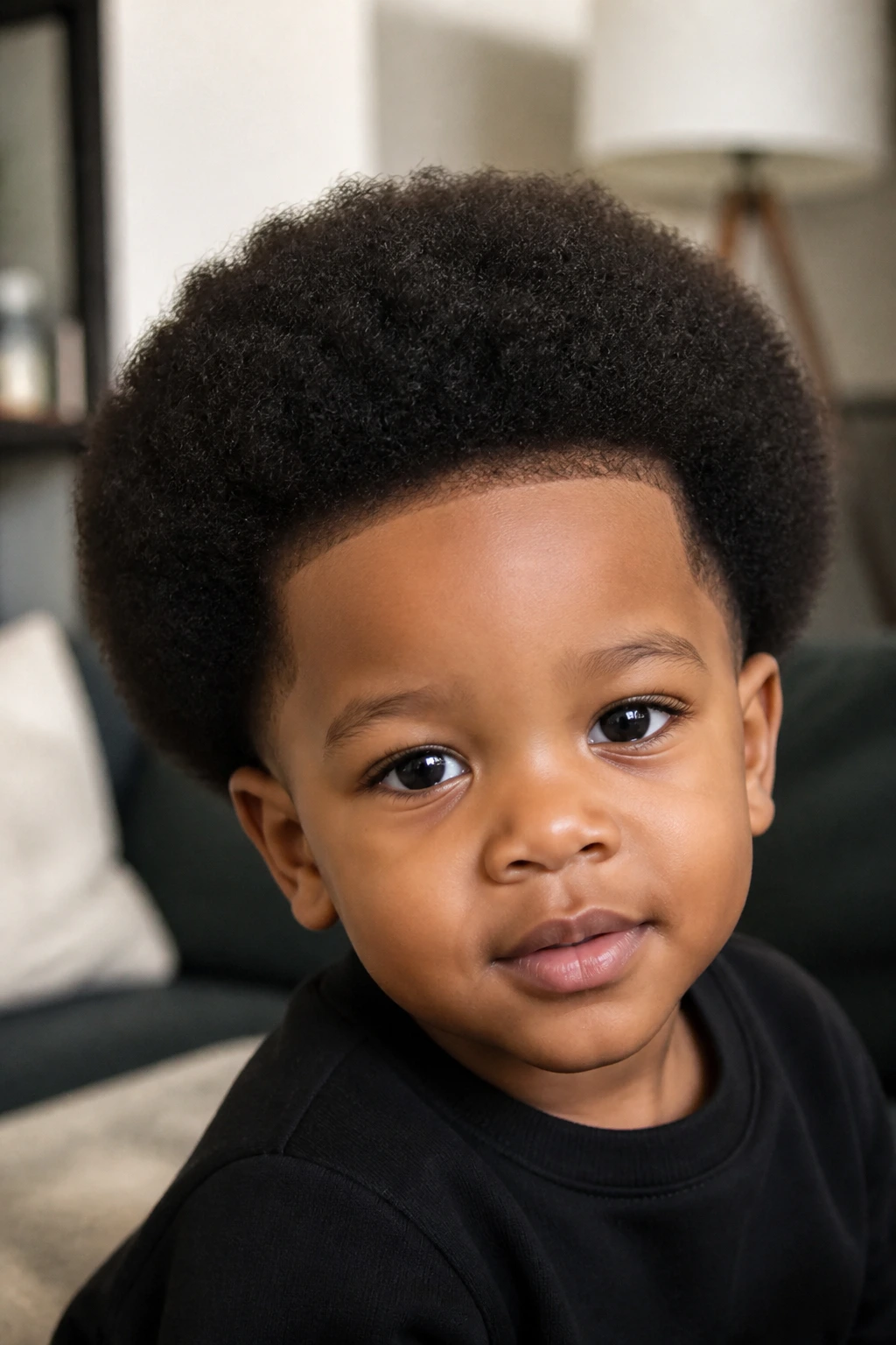 Close-up of a toddler with a rounded afro and soft hairline