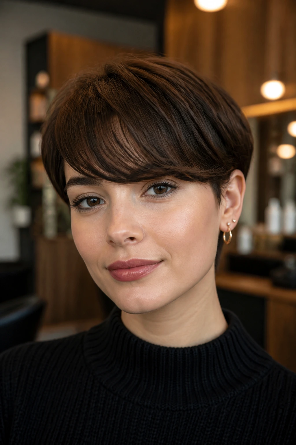 Close-up portrait of a real person with rounded arc fringe across the forehead