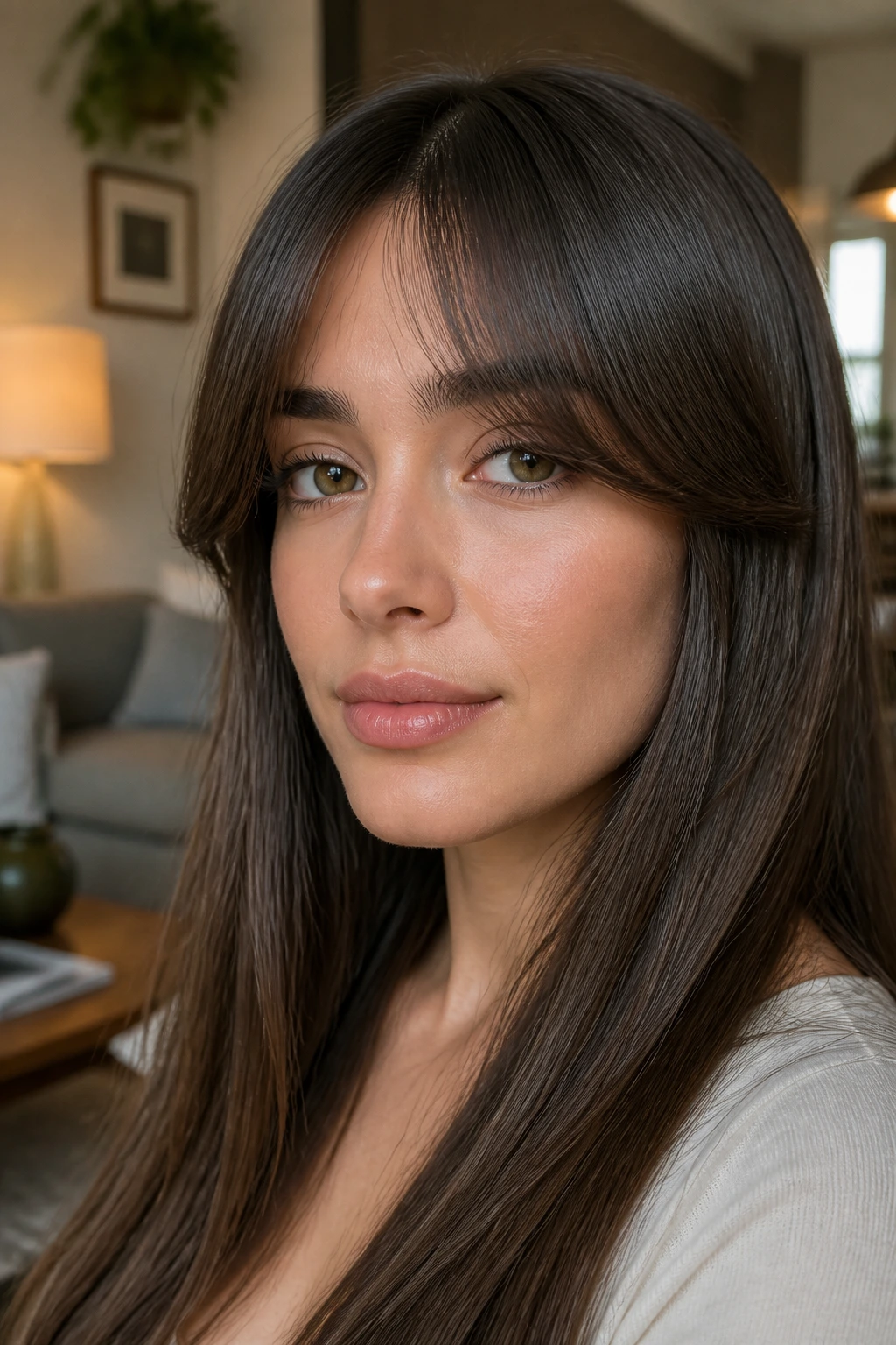 Close-up portrait of a woman with rounded arch curtain fringe in cozy living room light