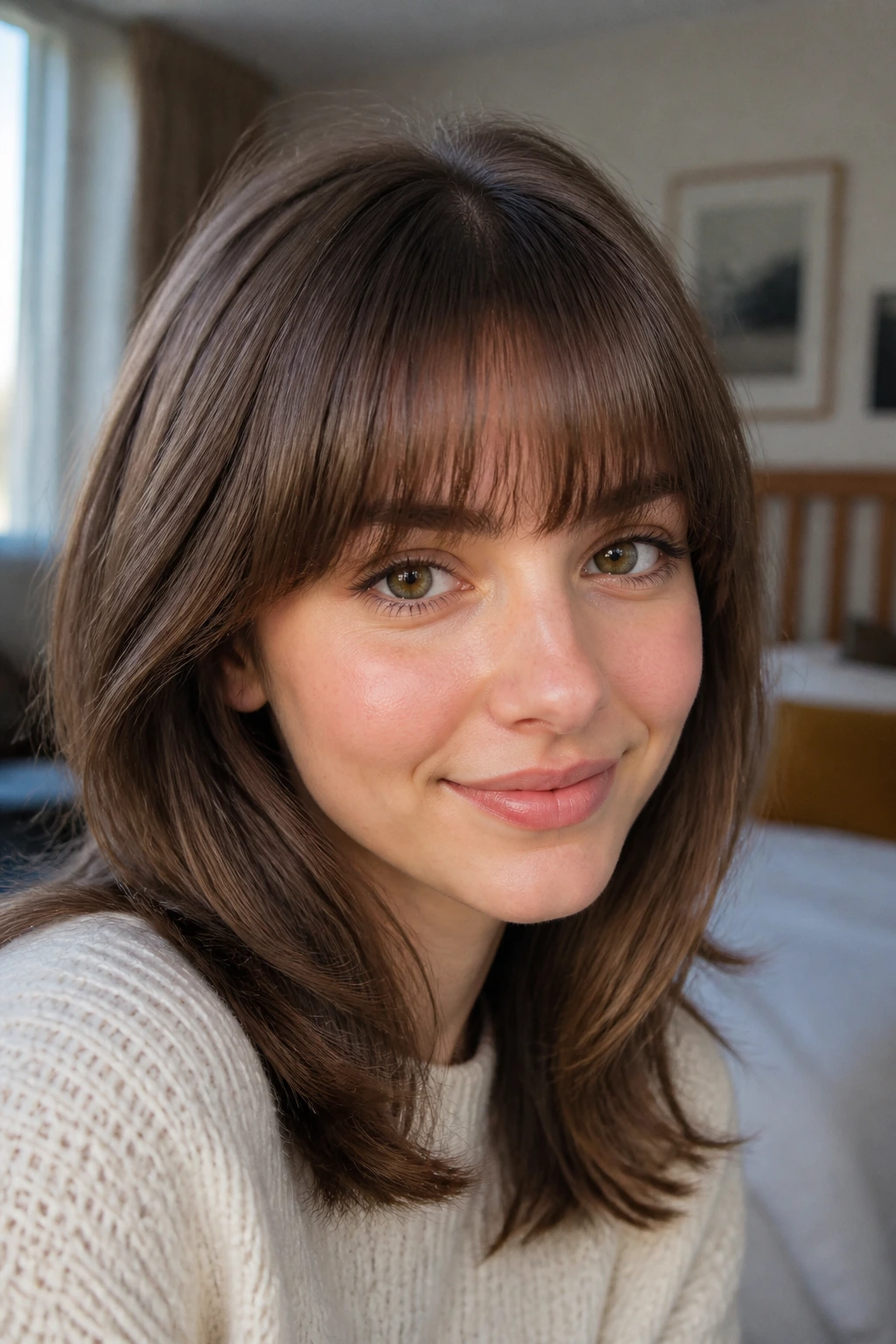 Real woman with rounded bangs forming a gentle arc in a bedroom