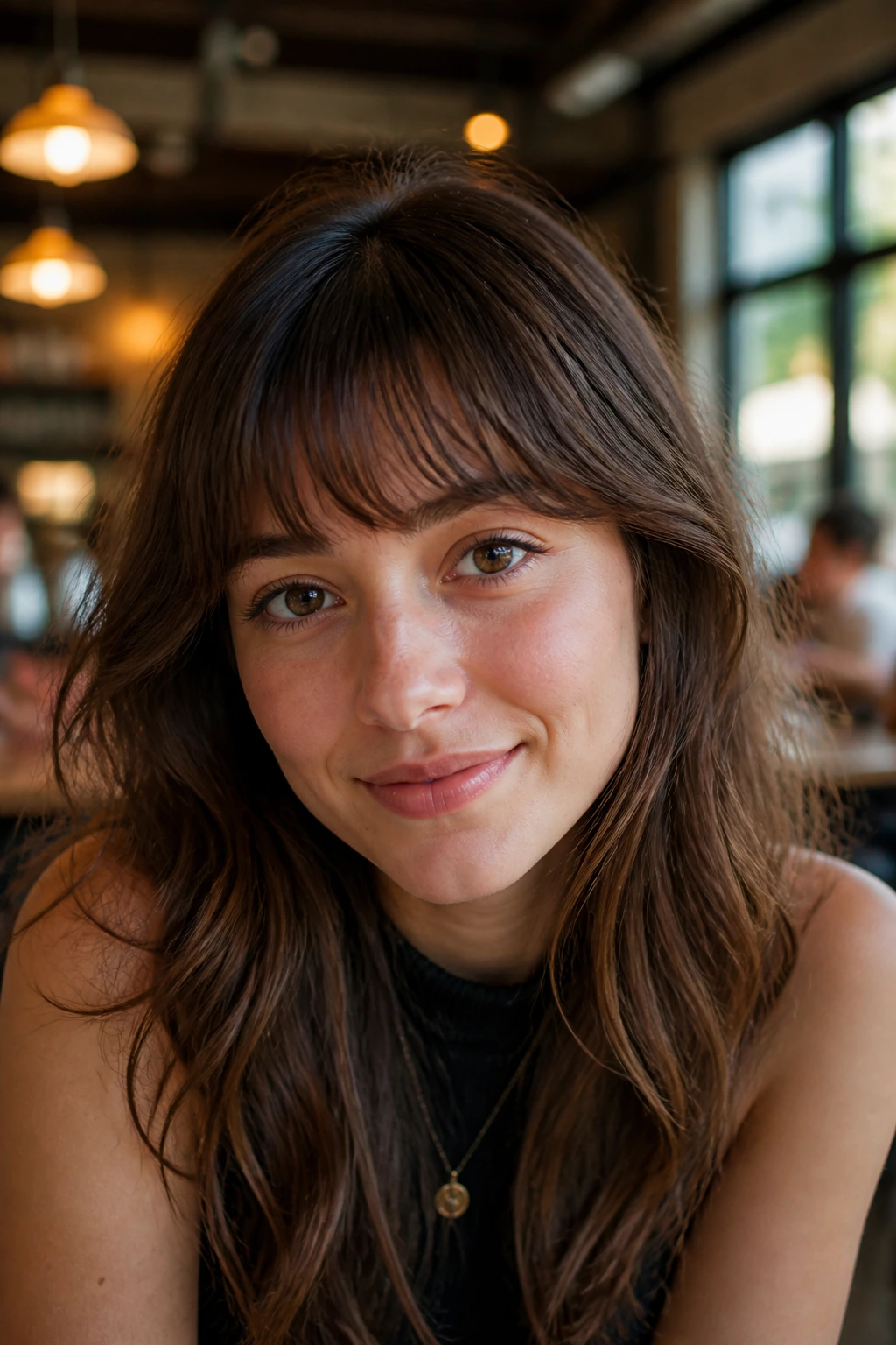 Portrait of a woman with rounded bangs curved across the forehead.