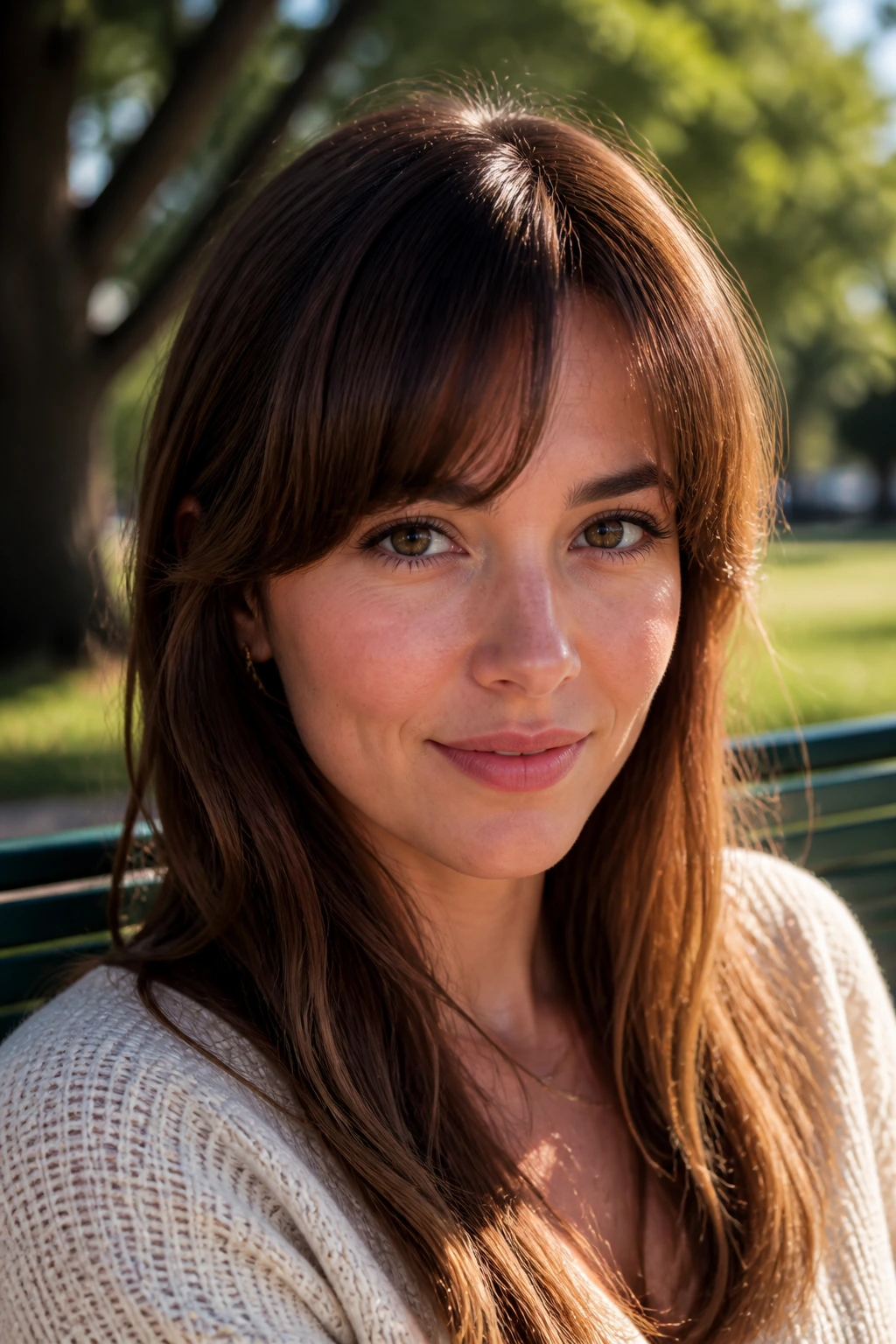 Close-up of a real woman with rounded bangs following the face curve