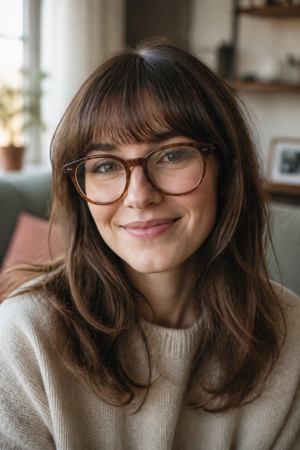 Close-up of a real woman with rounded bangs and glasses