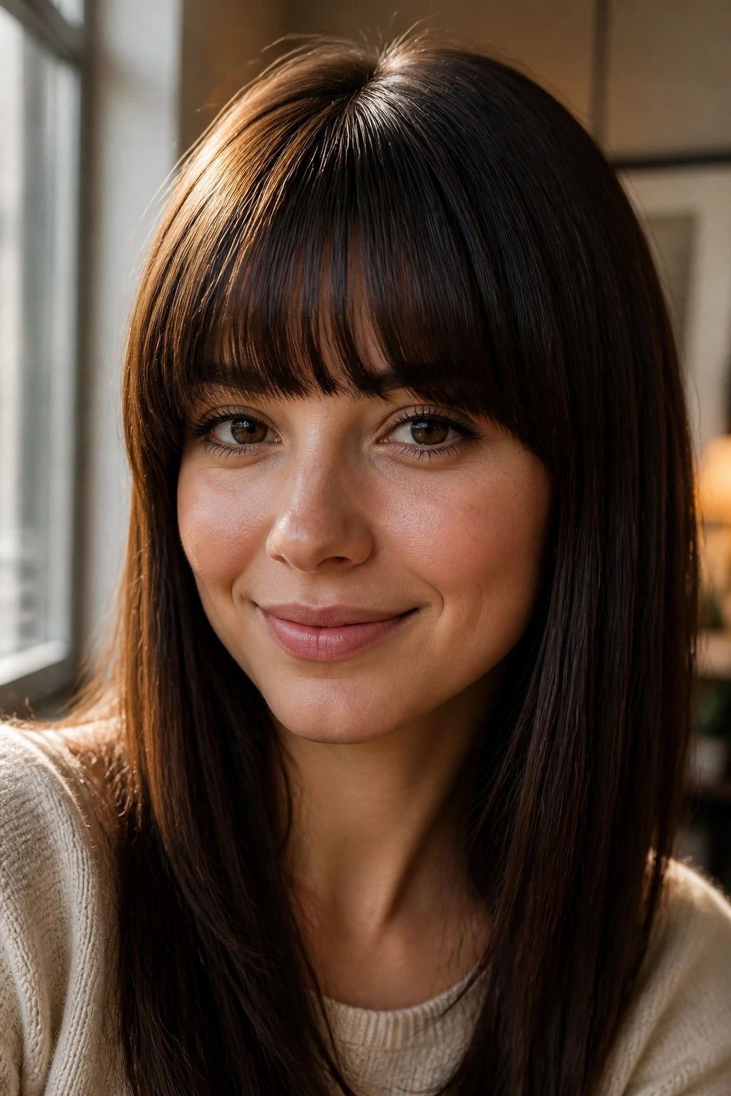 Close-up of a real woman with rounded full bangs framing the face.