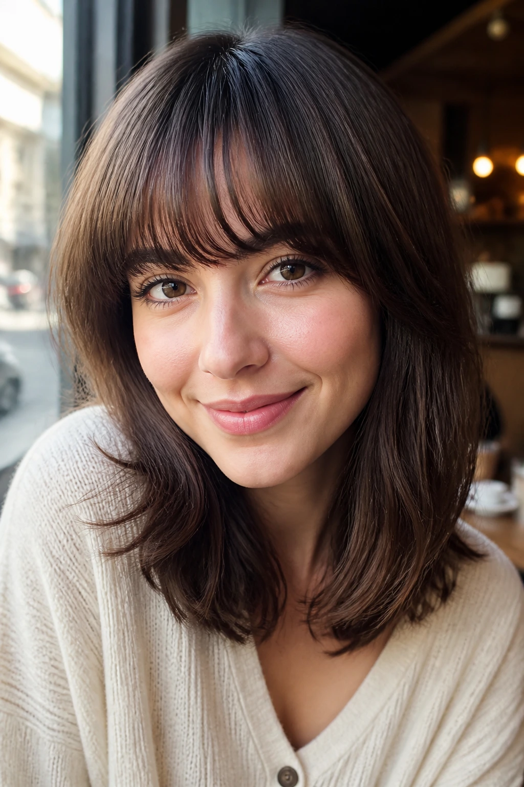 Portrait of a woman with rounded bangs in a sunlit cafe