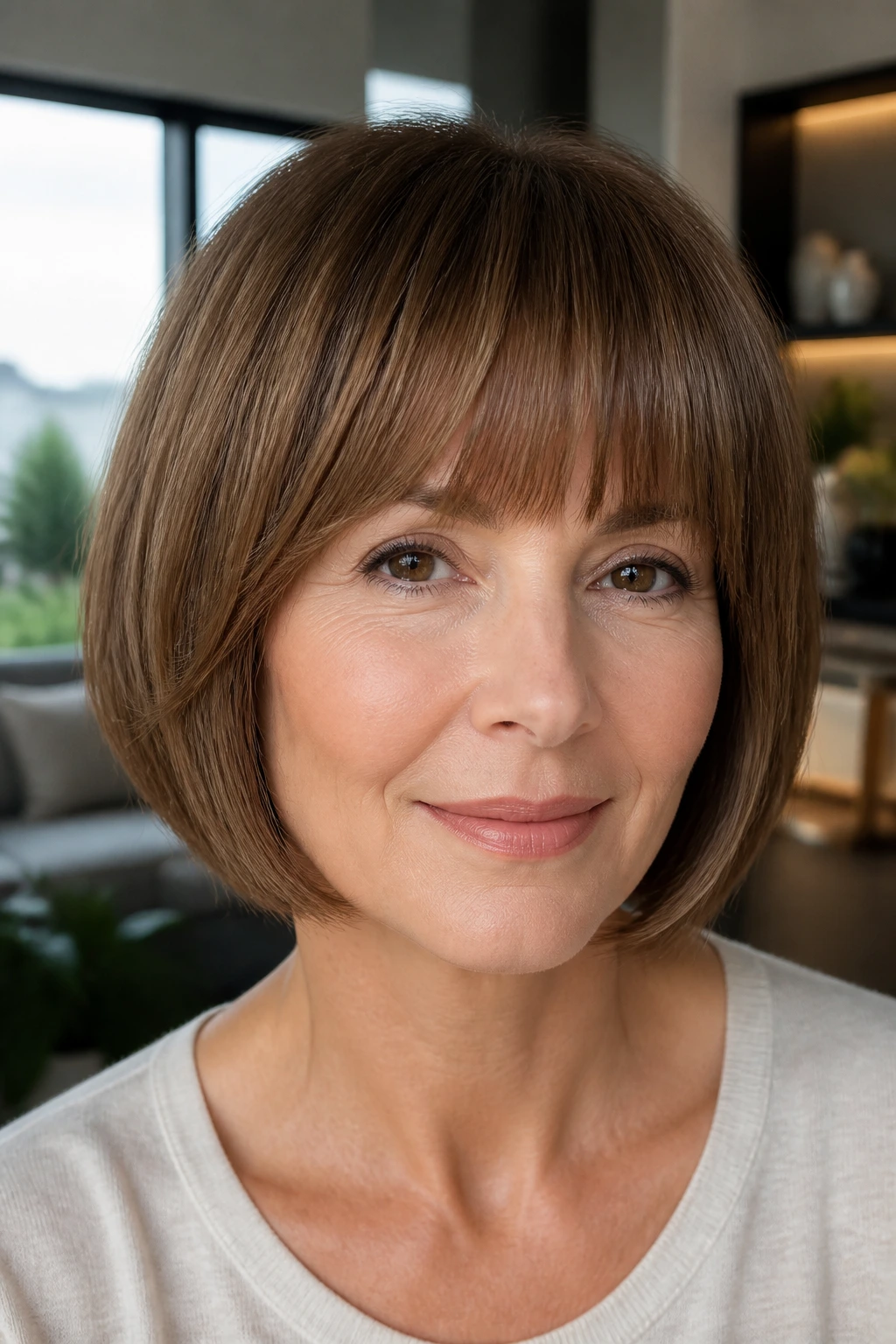 Close-up portrait of a real woman with rounded bangs and soft bob echo